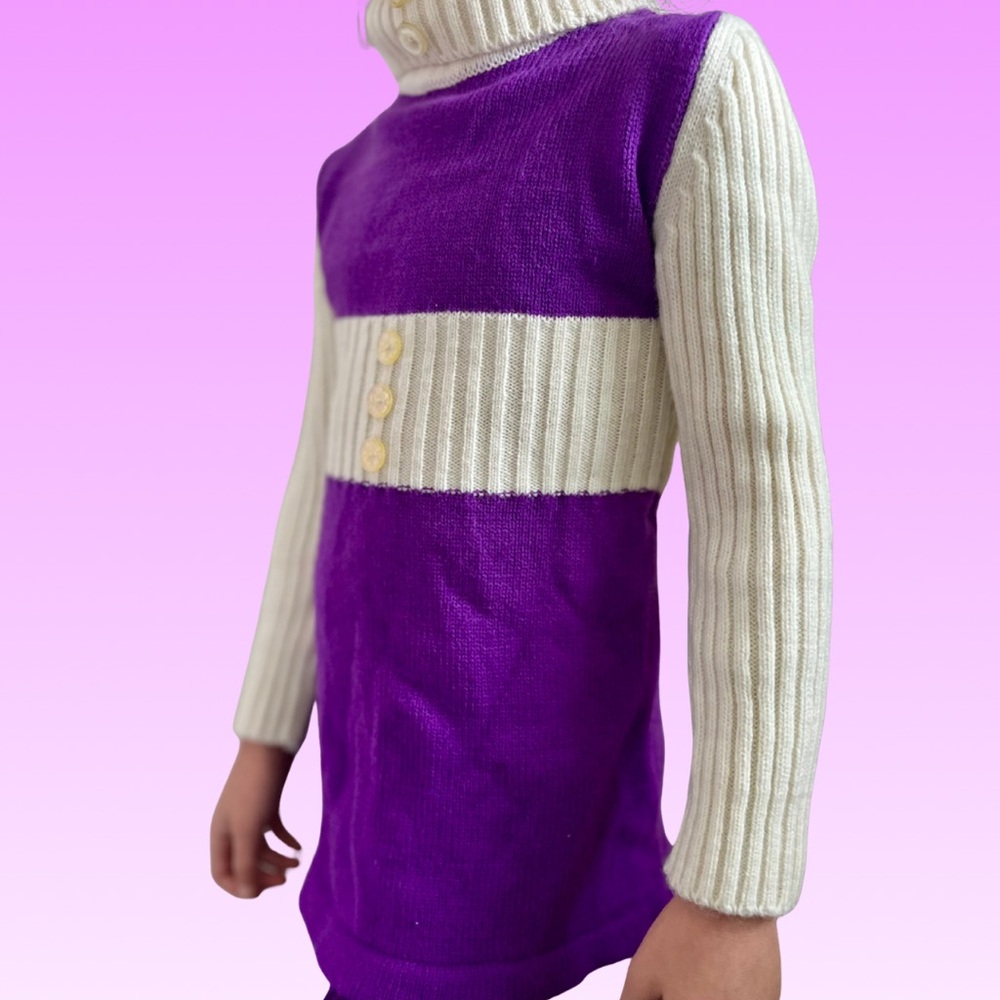 Vintage Kids Ribbed Purple and White Mock Neck Sweater / Tunic